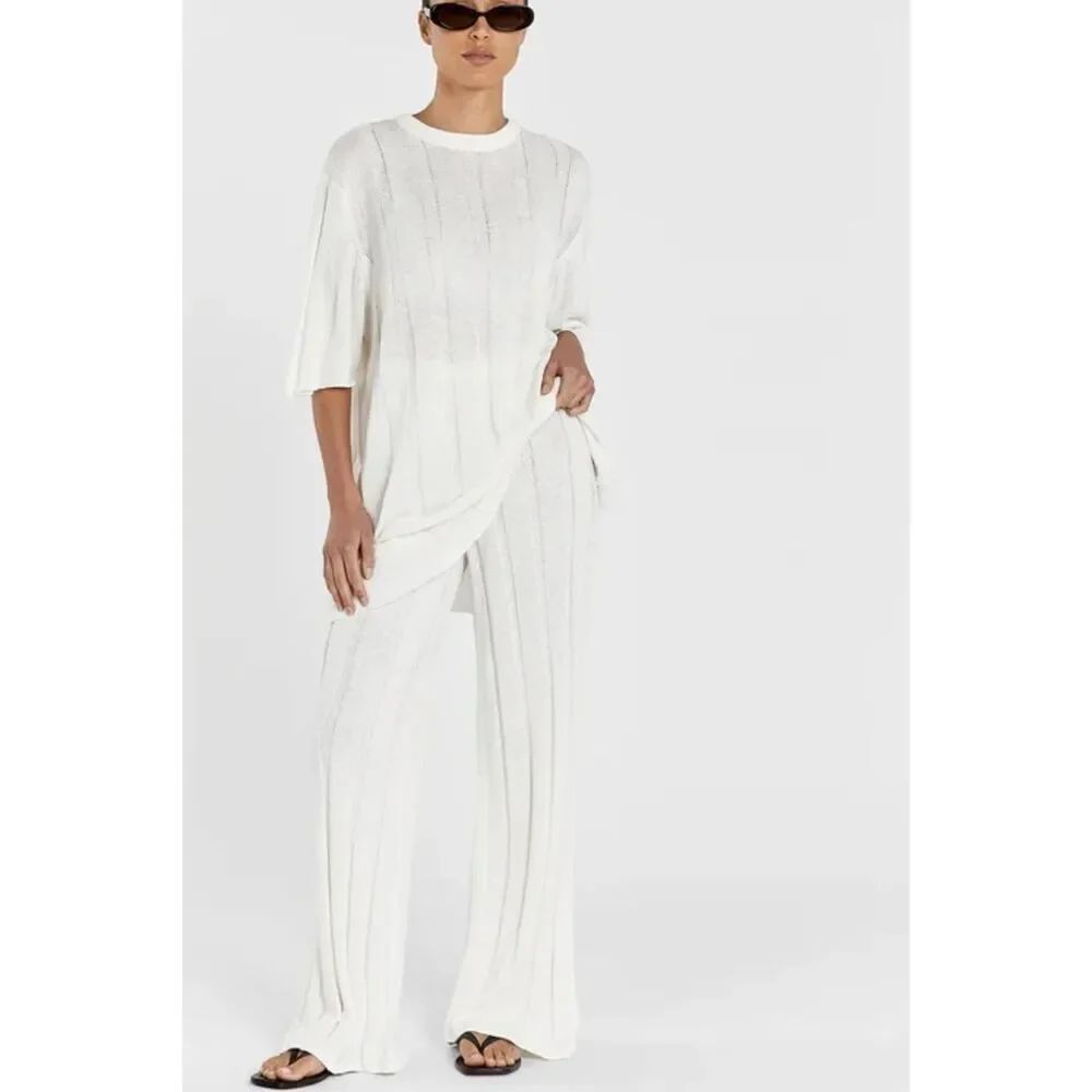 Diish EMERY OFF WHITE  oversized tee& WIDE LEG PANTS set sz S/M